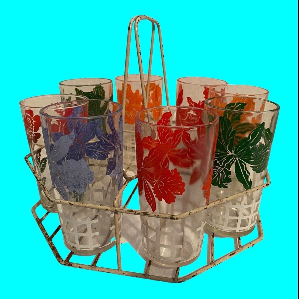 8 Floral Drinking Glasses White Wire Caddy, Irises and Orchids Hazel Atlas